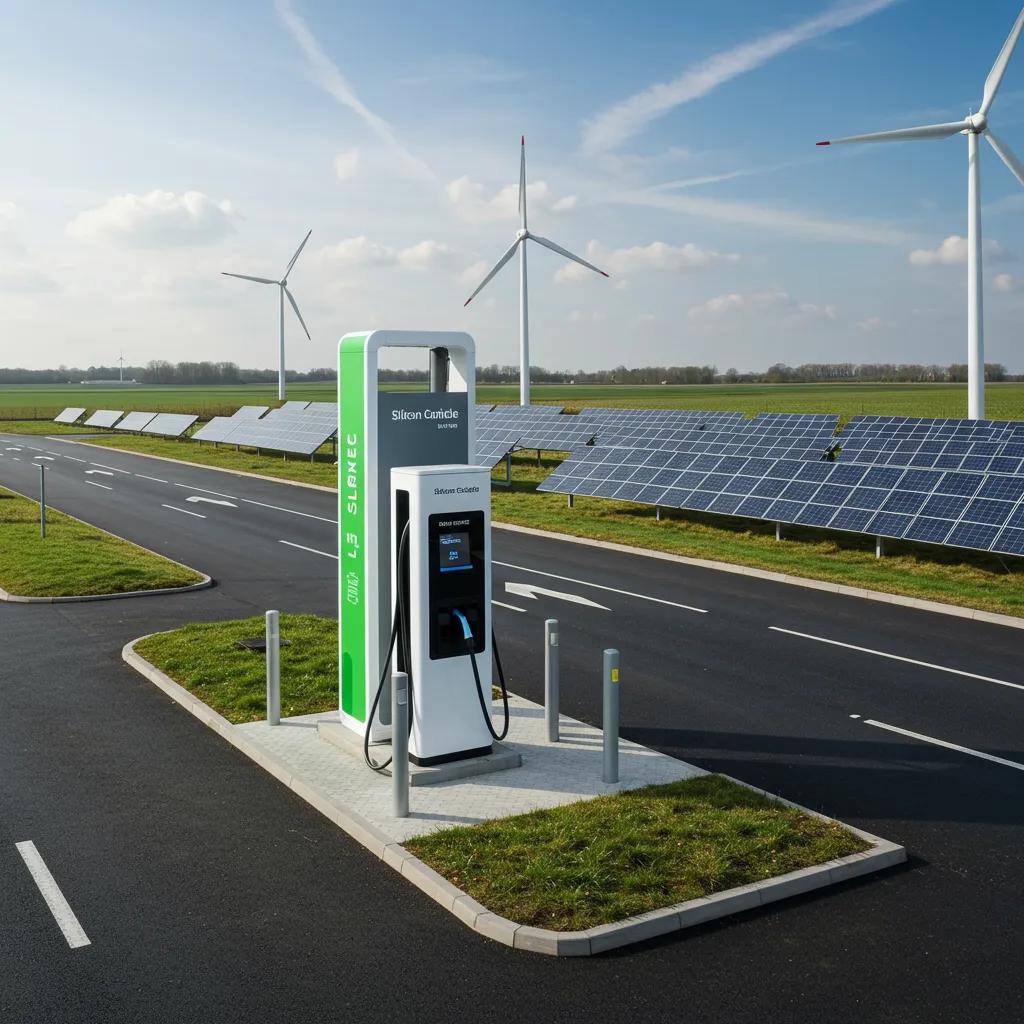 Electric vehicle charging station with solar panels and wind turbines, representing Silicon Carbide technology in the UK