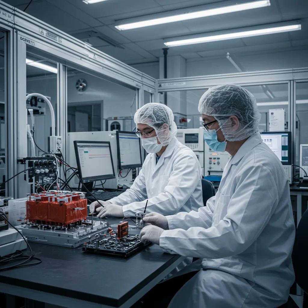 Engineers testing Quest Semi SiC MOSFETs in a high-tech laboratory environment, emphasizing performance evaluation